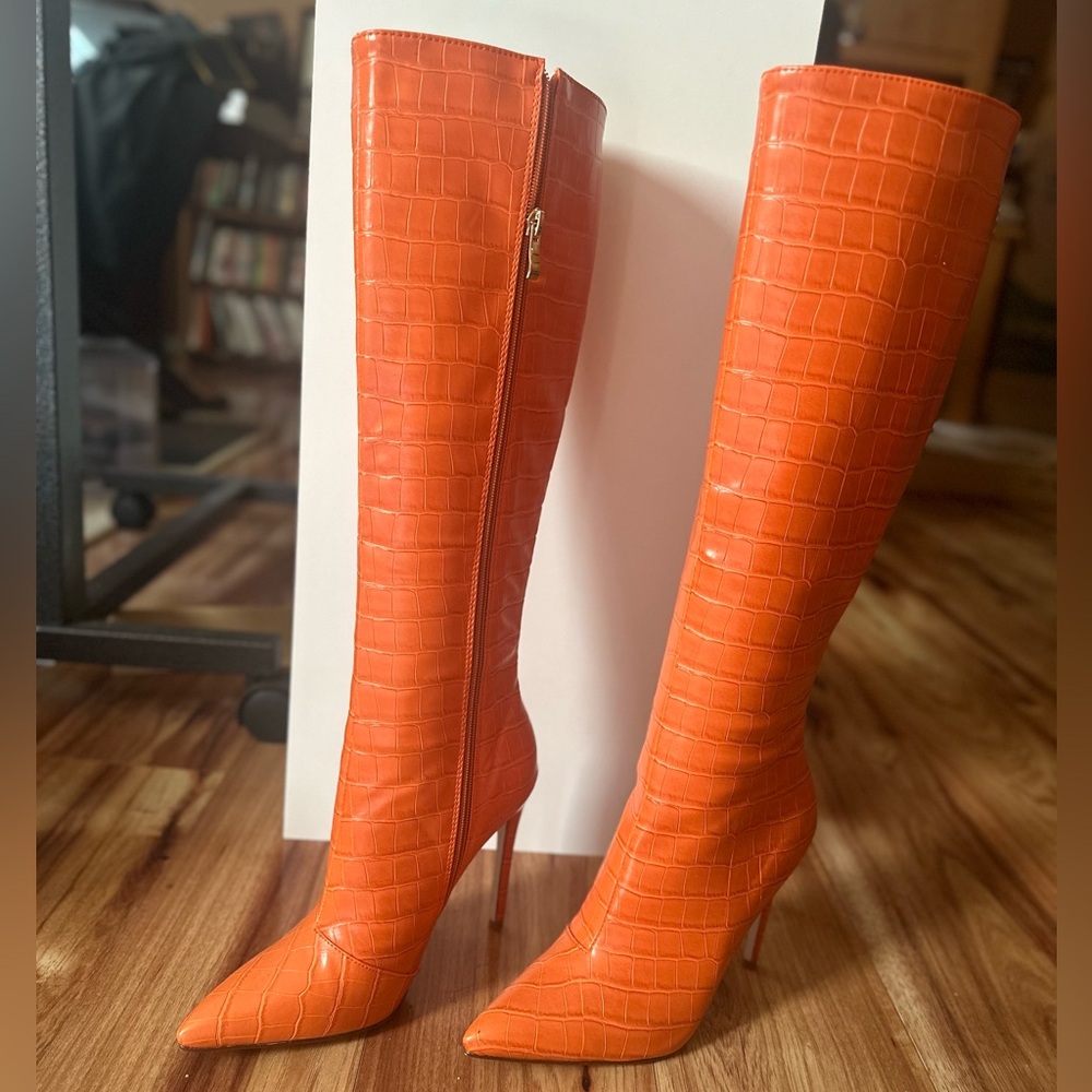 Orange Heeled Boots with Croc Texture